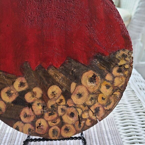 Stacked Wood Painted On 7.25" Wood Disc - Abstract Art - Yellow, Red Handpainted - Picture 3 of 15